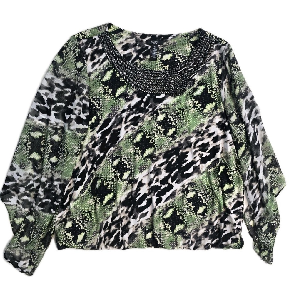 ALFANI Blouse, Lime Multi, Snake‎ print EMBELISSHED Lined Plus 2X